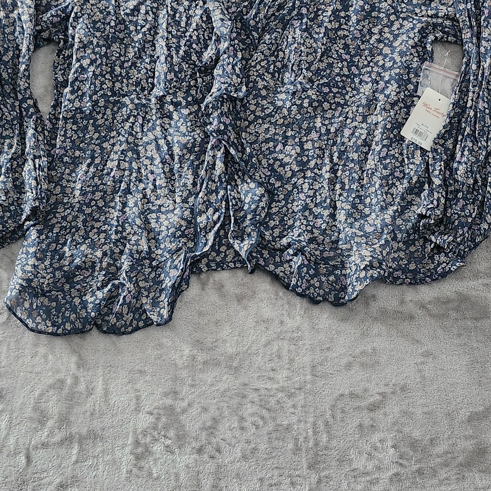 Lucky Brand Women XL Sheer‎ Peasant Blouse Ruffle Button Up Blue Floral NEW - Picture 6 of 16